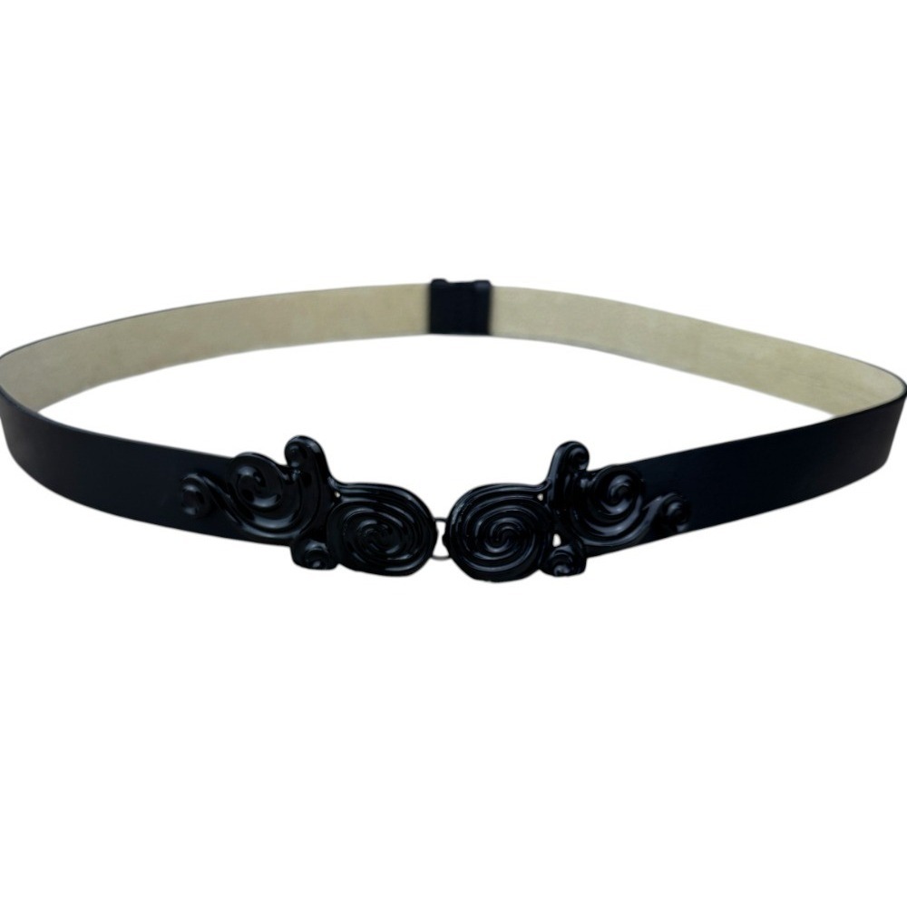Chico's Black Leather Adjustable Belt M/L Decorative Black Scroll‎ Buckle Boho